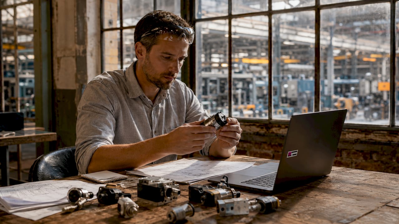 Engineer inspecting smart sensor prototype in factory