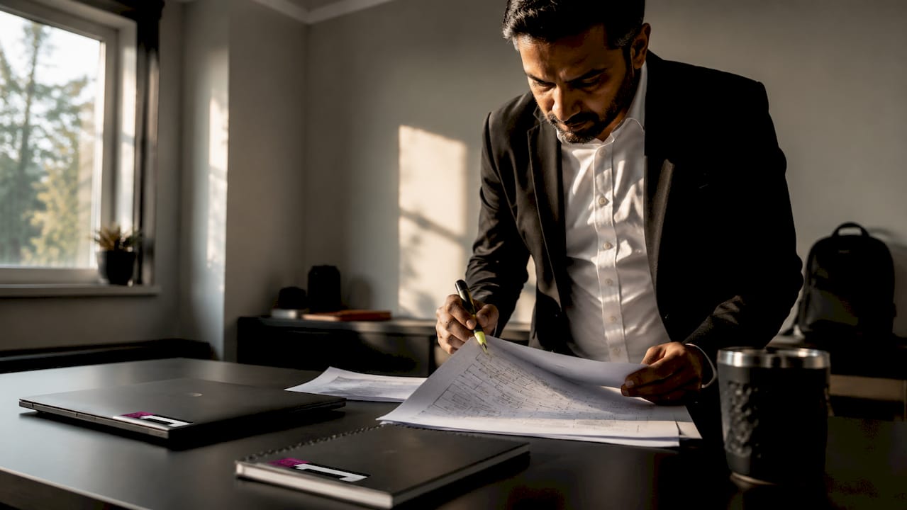 Cybersecurity analyst reviewing cloud architecture prints