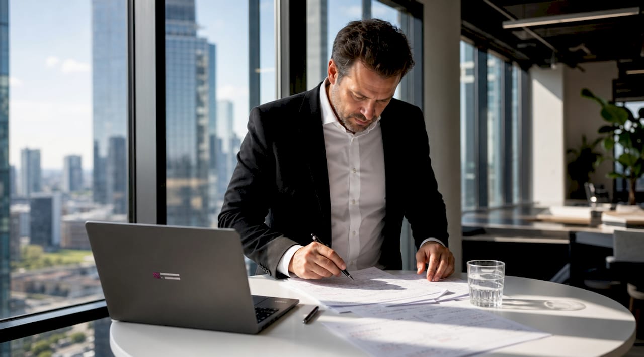 Security integrator reviewing compliance papers at table