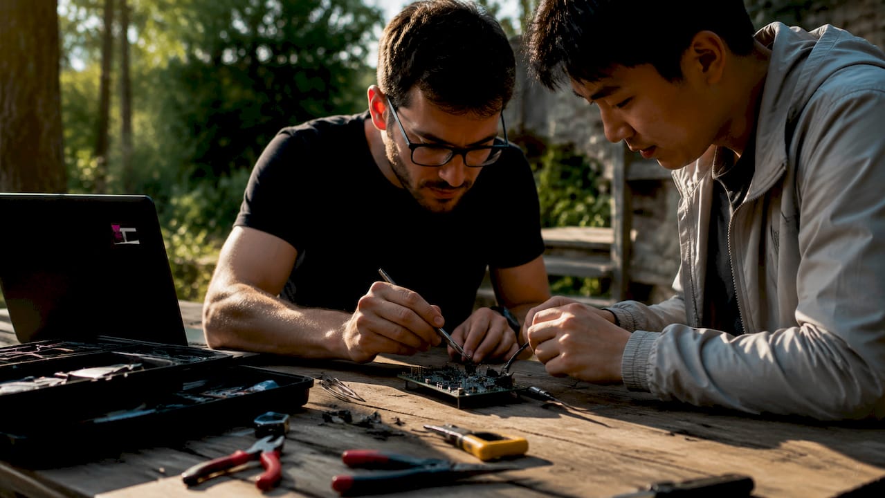 Engineers hands connecting sensor hardware components