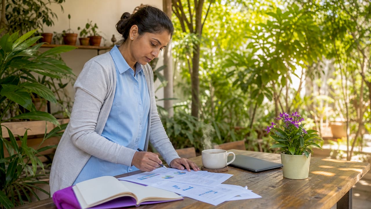 Hands calculating HMO cost savings with documents