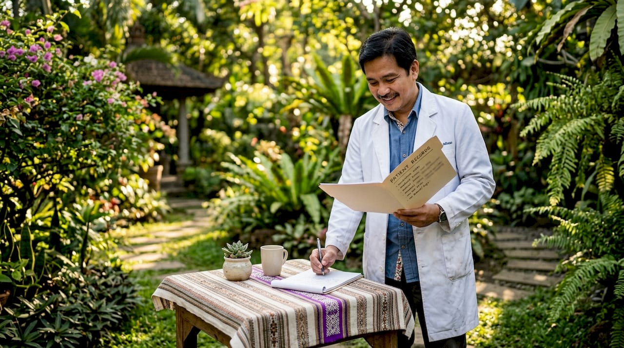 Primary care physician reviewing medical records in clinic