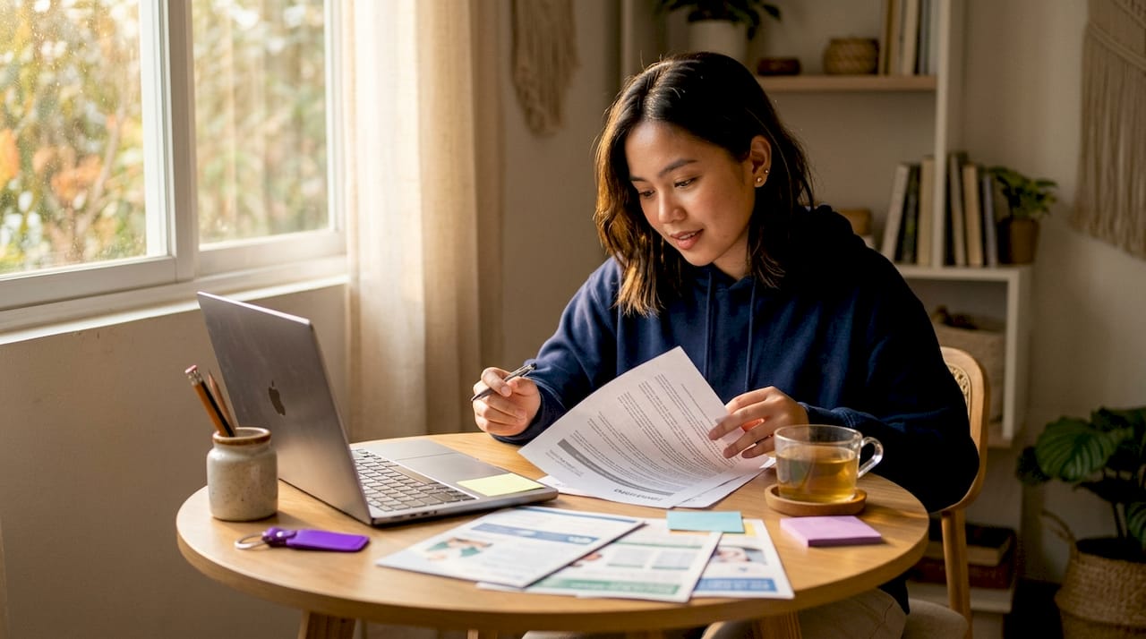 Woman reviewing HMO documents at home desk
