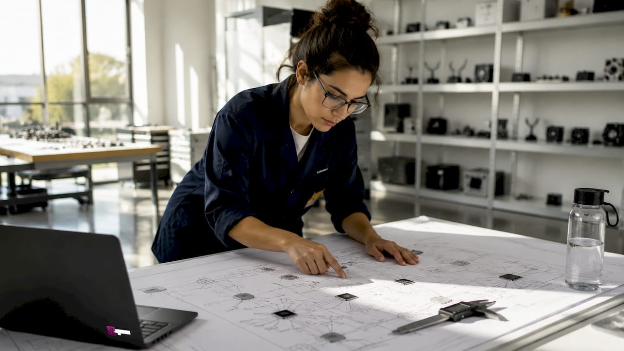 Engineer examining intelligent sensor network schematic