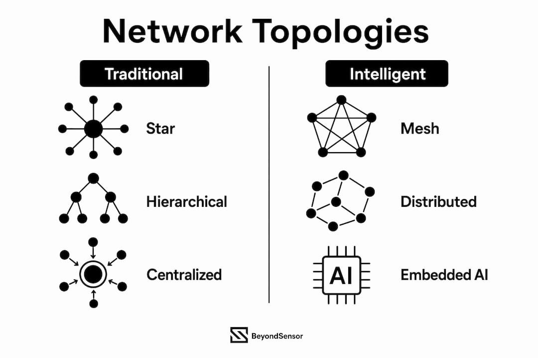 Infographic comparing traditional versus intelligent sensor network topologies