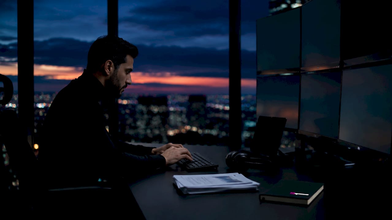 Security analyst monitoring alert system in control room
