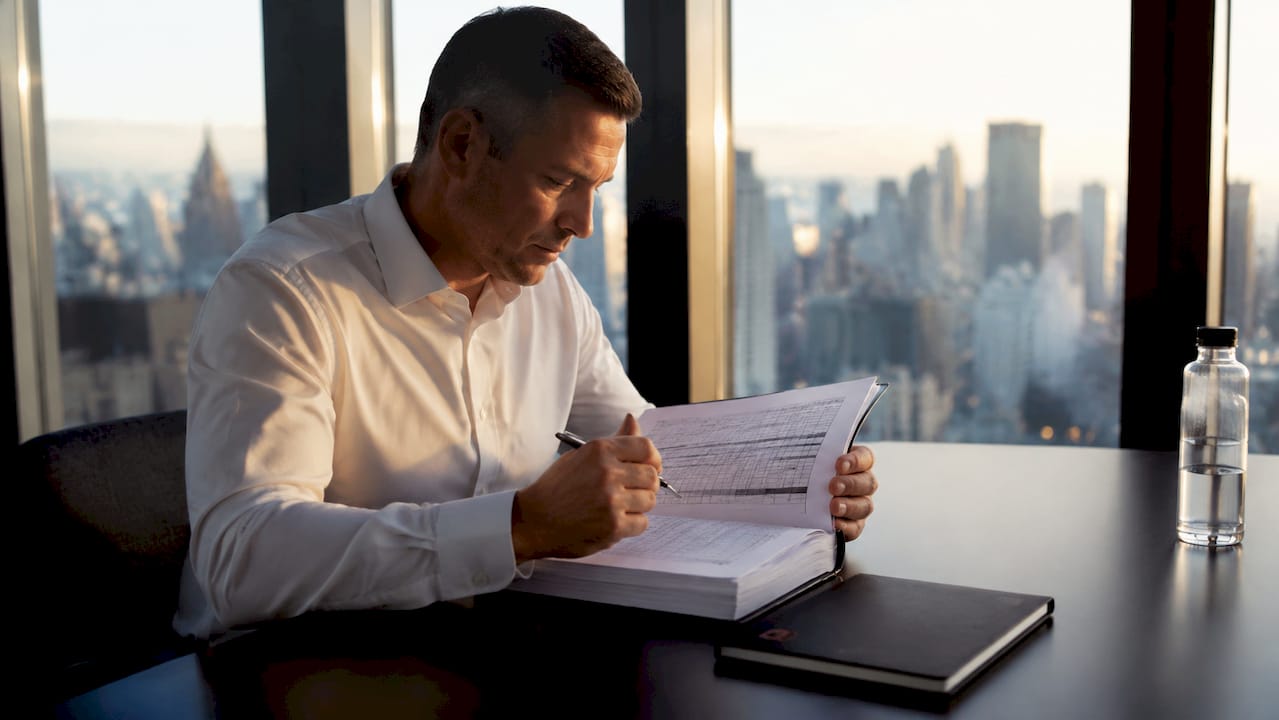 Security manager reviewing checklist report at table
