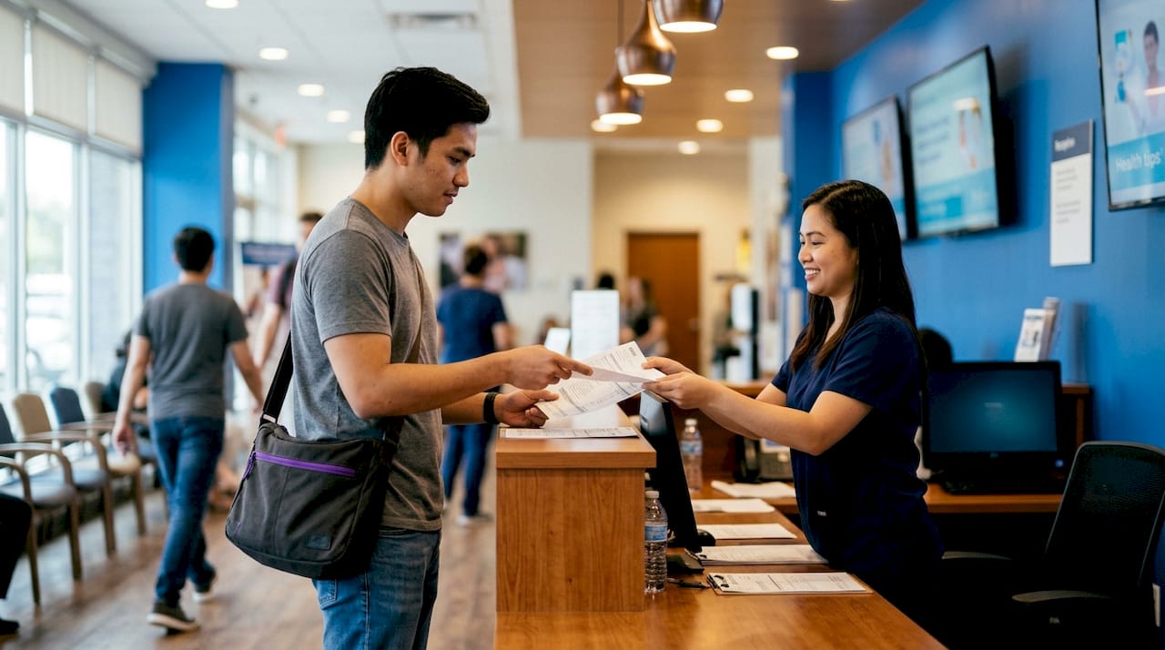 Employee submitting health insurance claim at hospital reception