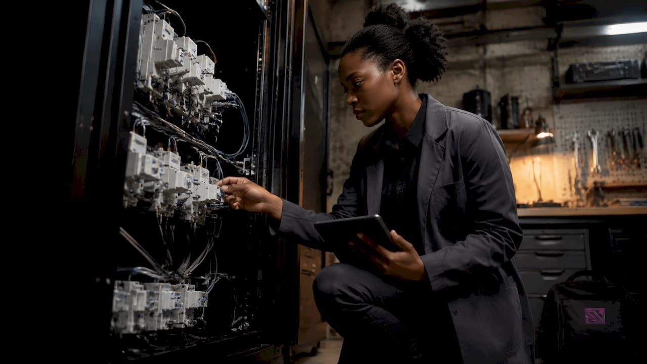 Technician inspecting sensor connections in server room