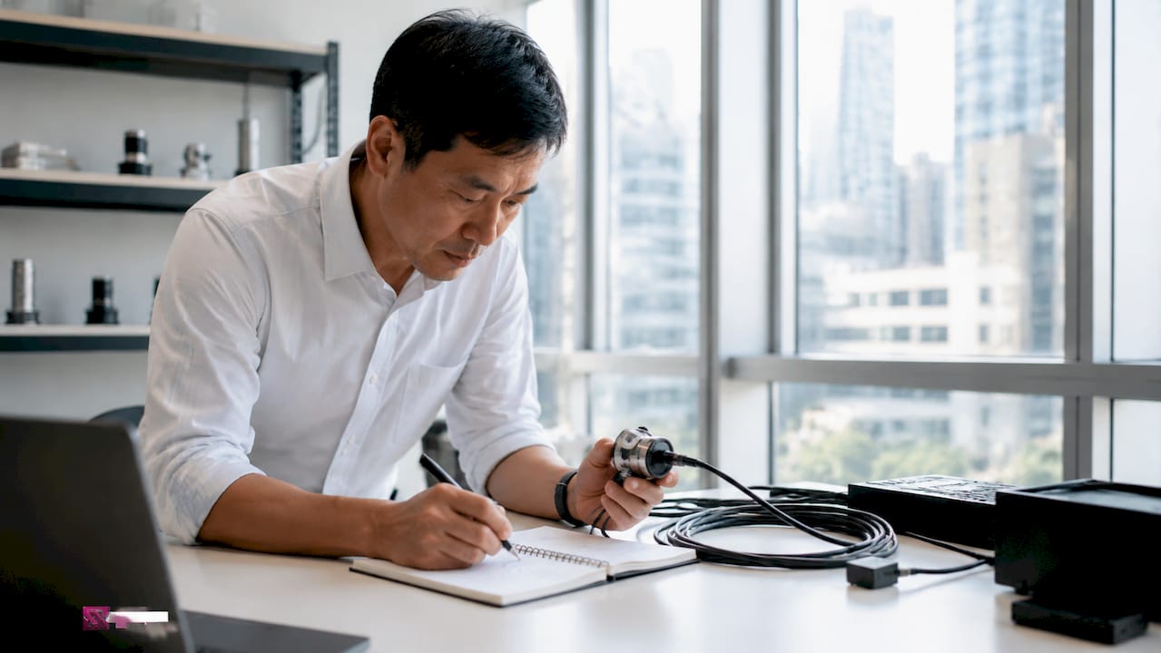 Engineer adjusting sensor device in control room