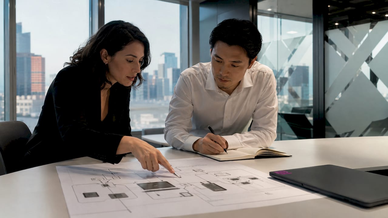 Two professionals reviewing security system workflow