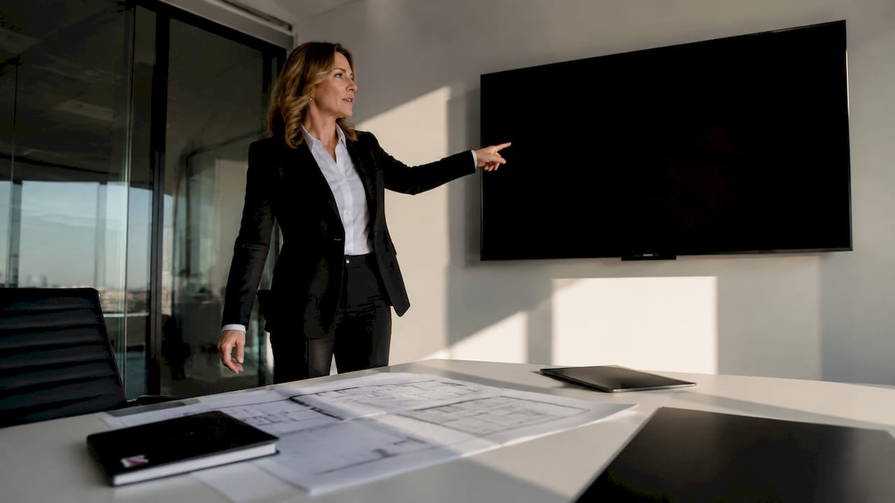 Security consultant pointing at screen in office