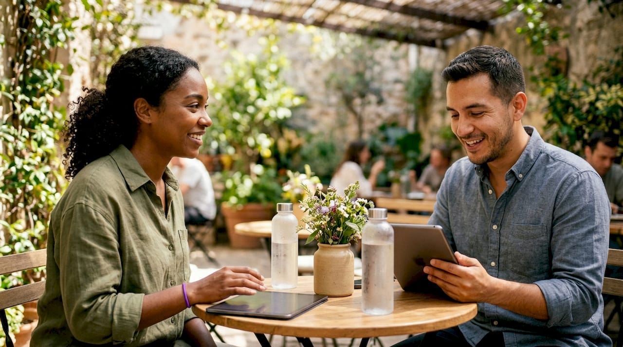 Two employees discussing mental health benefits at table