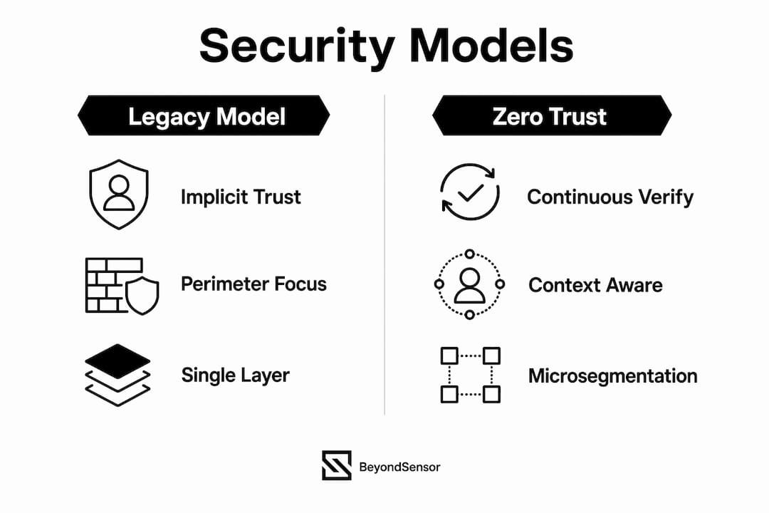 Infographic comparing legacy and Zero Trust security models