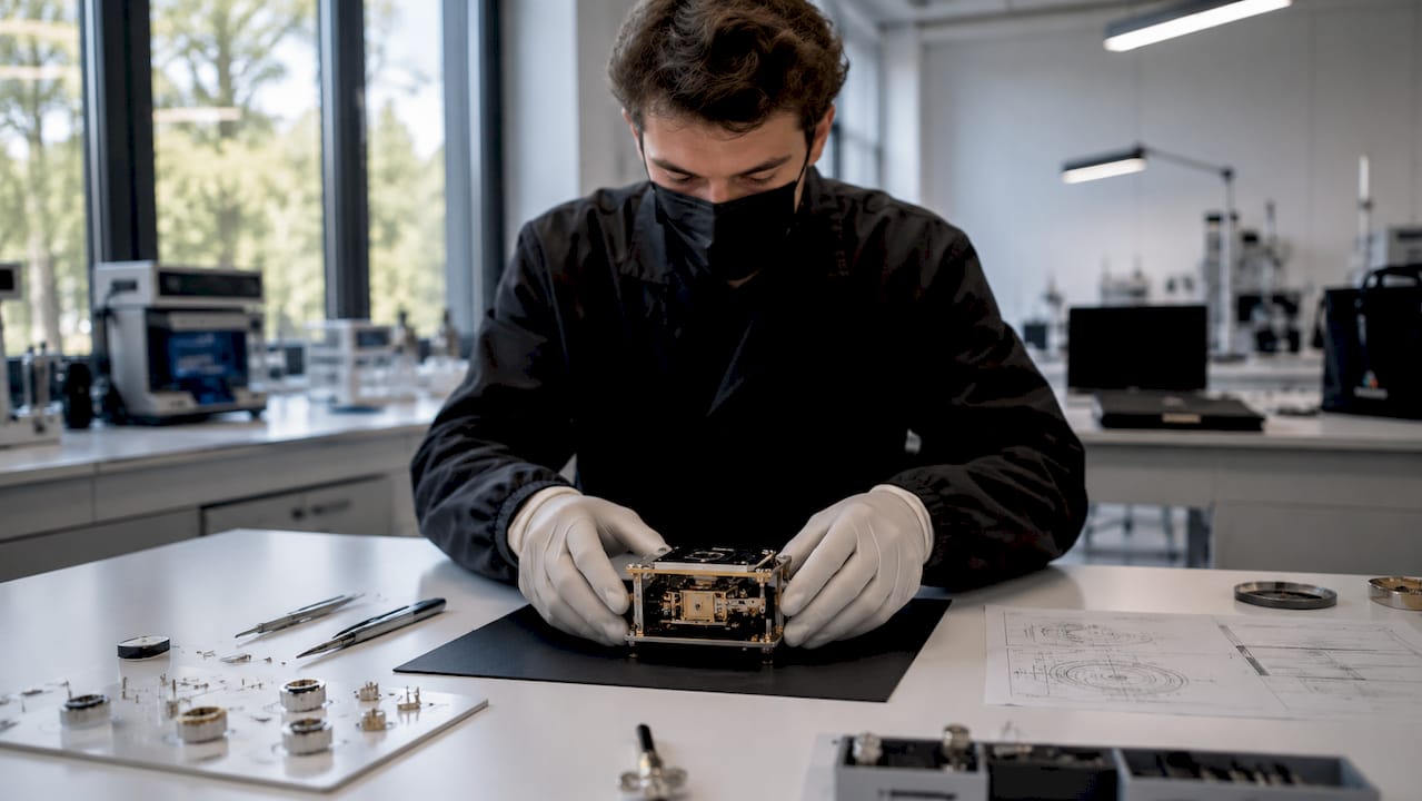 Gloved hands handling quantum sensor device