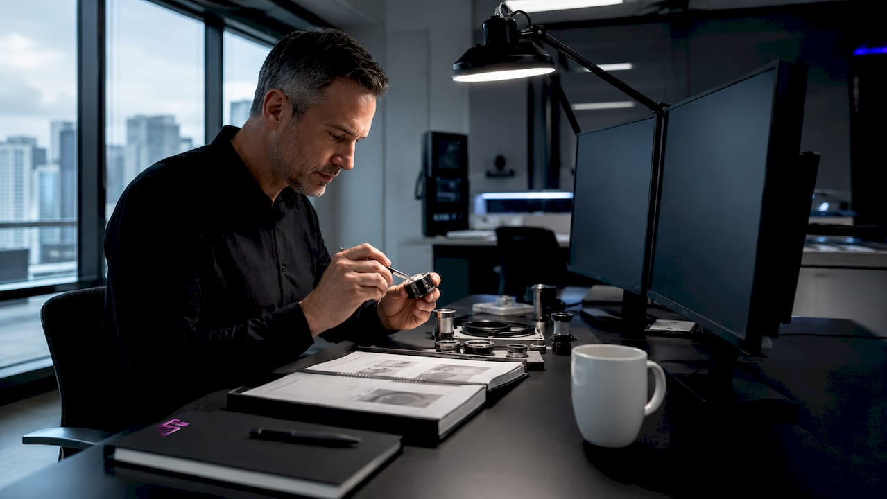 Security analyst inspecting precision sensing device
