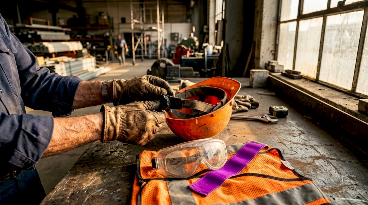 Hands arranging workplace safety equipment