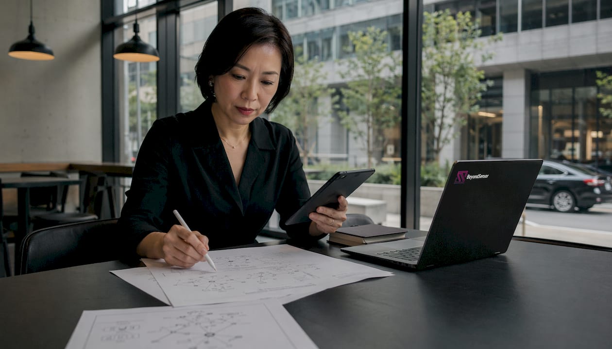 Technician auditing sensor infrastructure documents