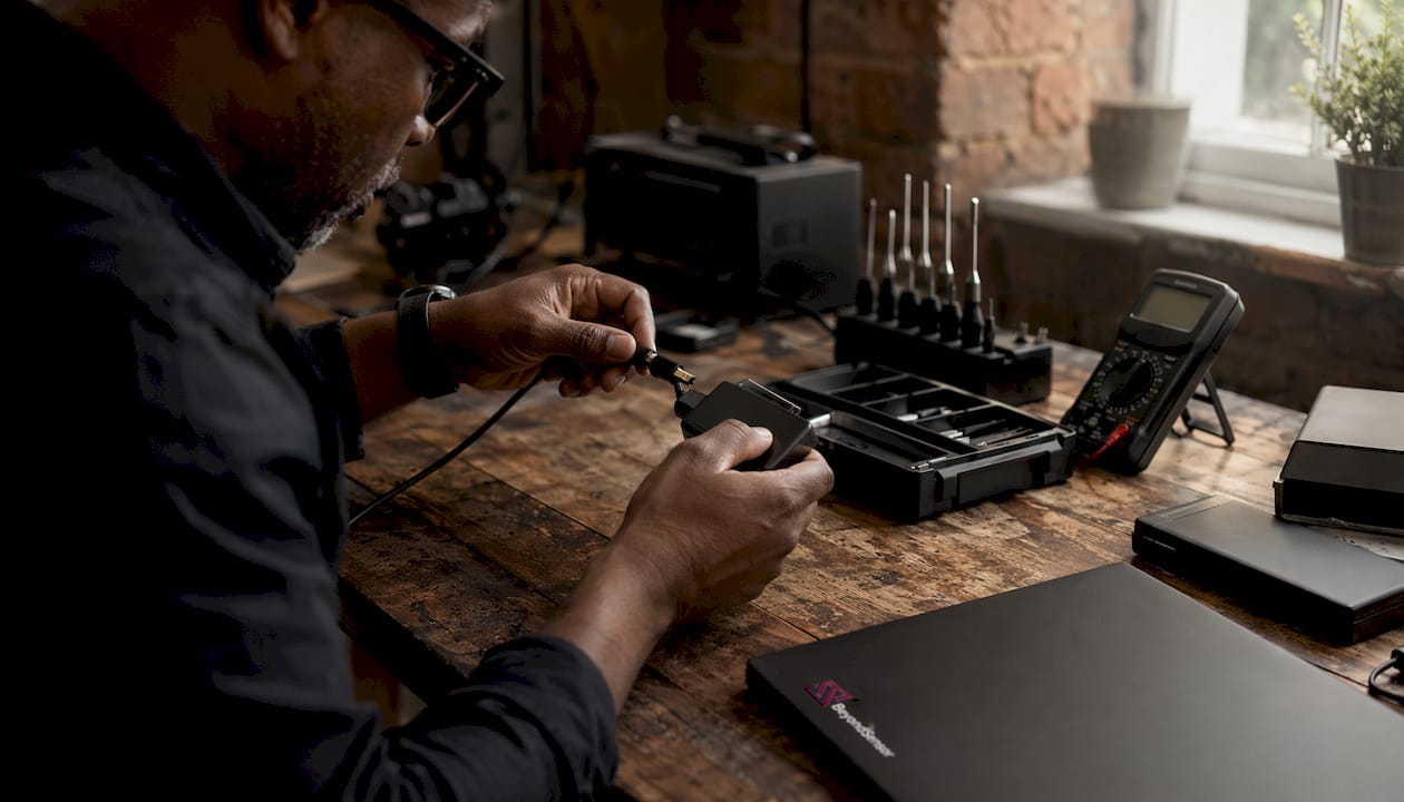 Close-up of hands setting up sensing audit tools