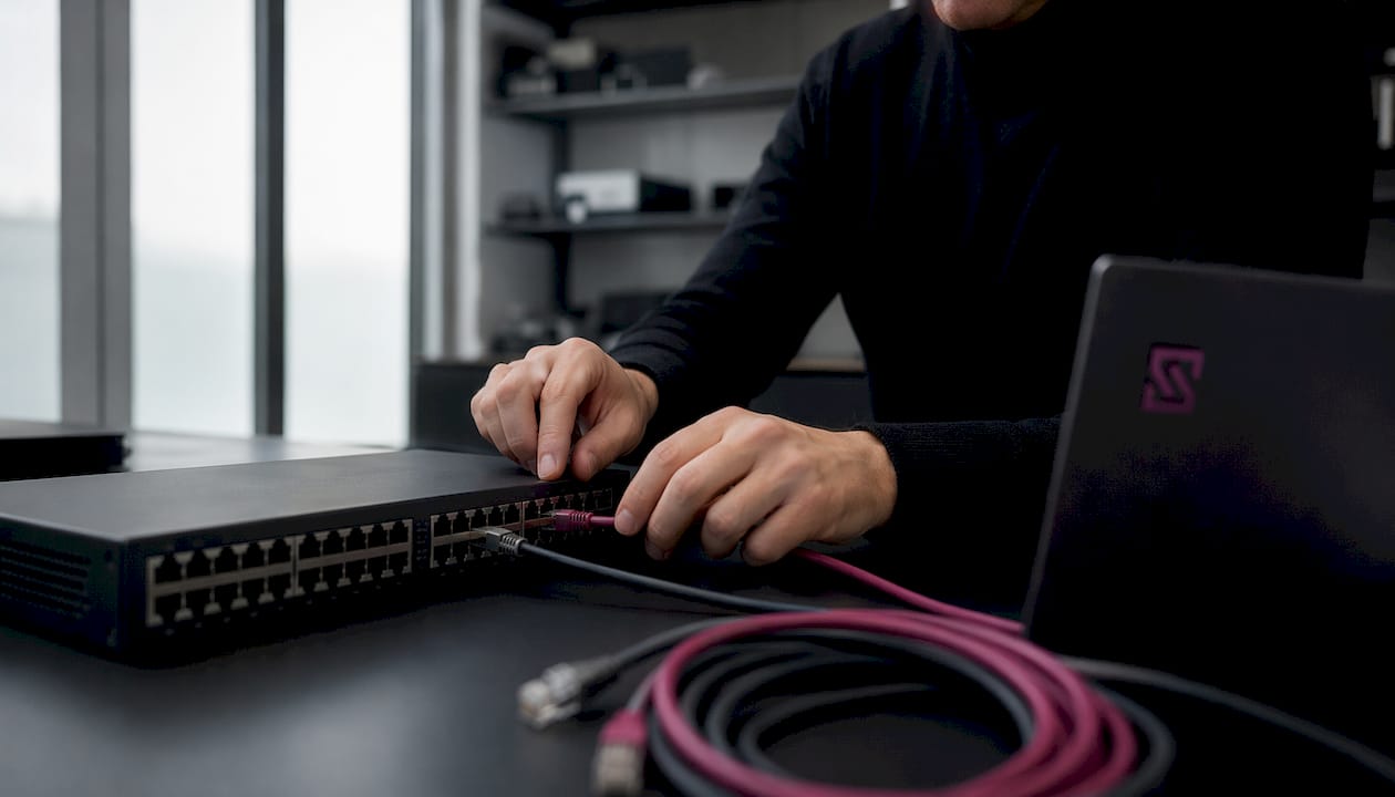 Hands connecting Ethernet cables in automation cabinet