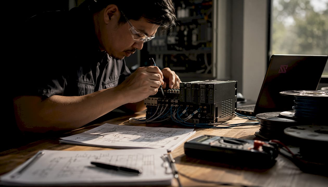 Engineer wiring industrial automation control panel