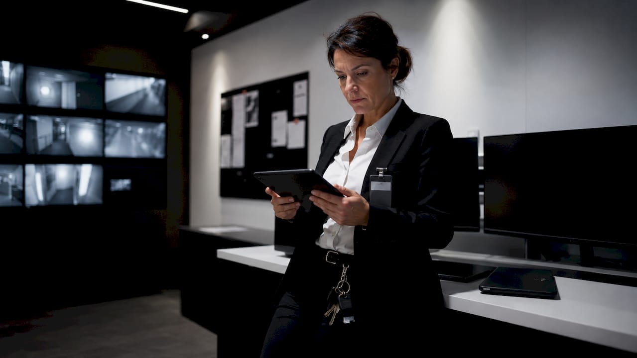 Security manager checking tablet in secured hallway