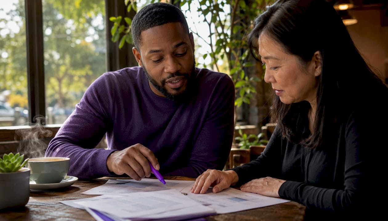 Two colleagues discussing insurance benefits at office