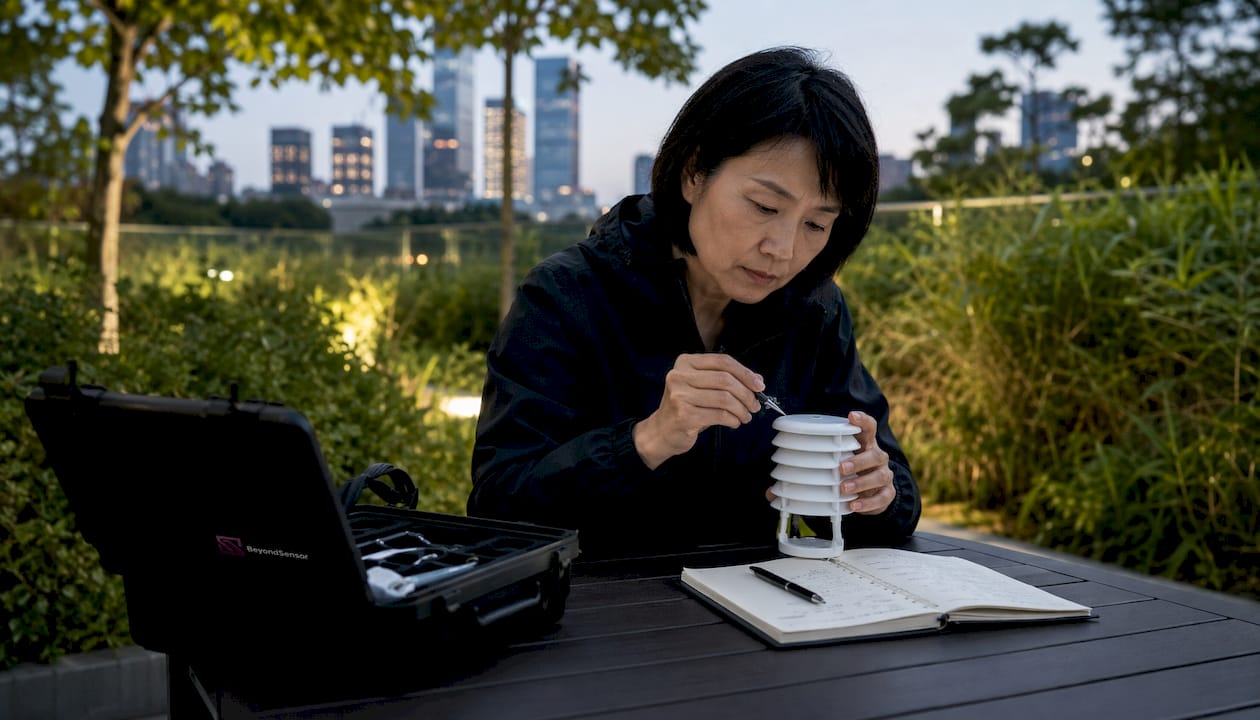 Engineer inspecting environmental sensors in lab