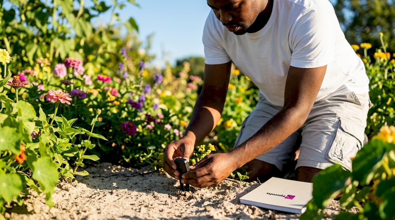 Hands placing soil moisture sensor in field