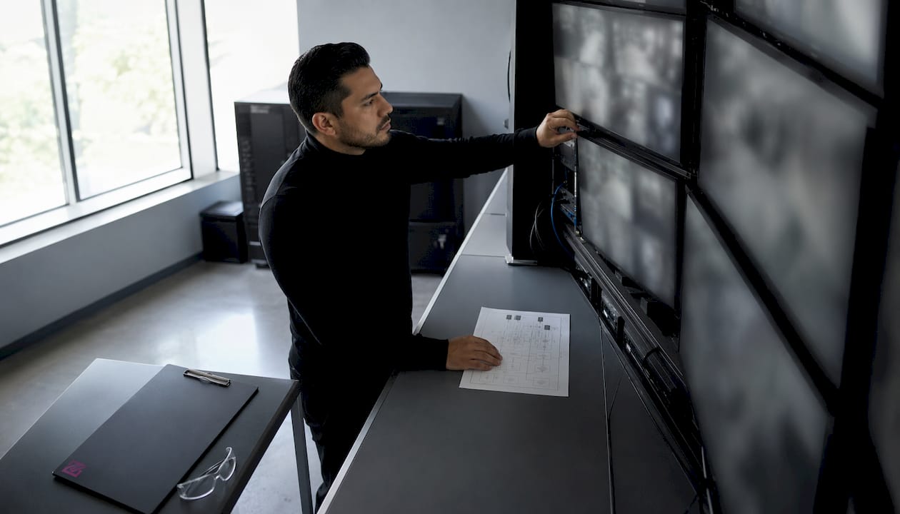 Technician adjusting surveillance hardware in control room