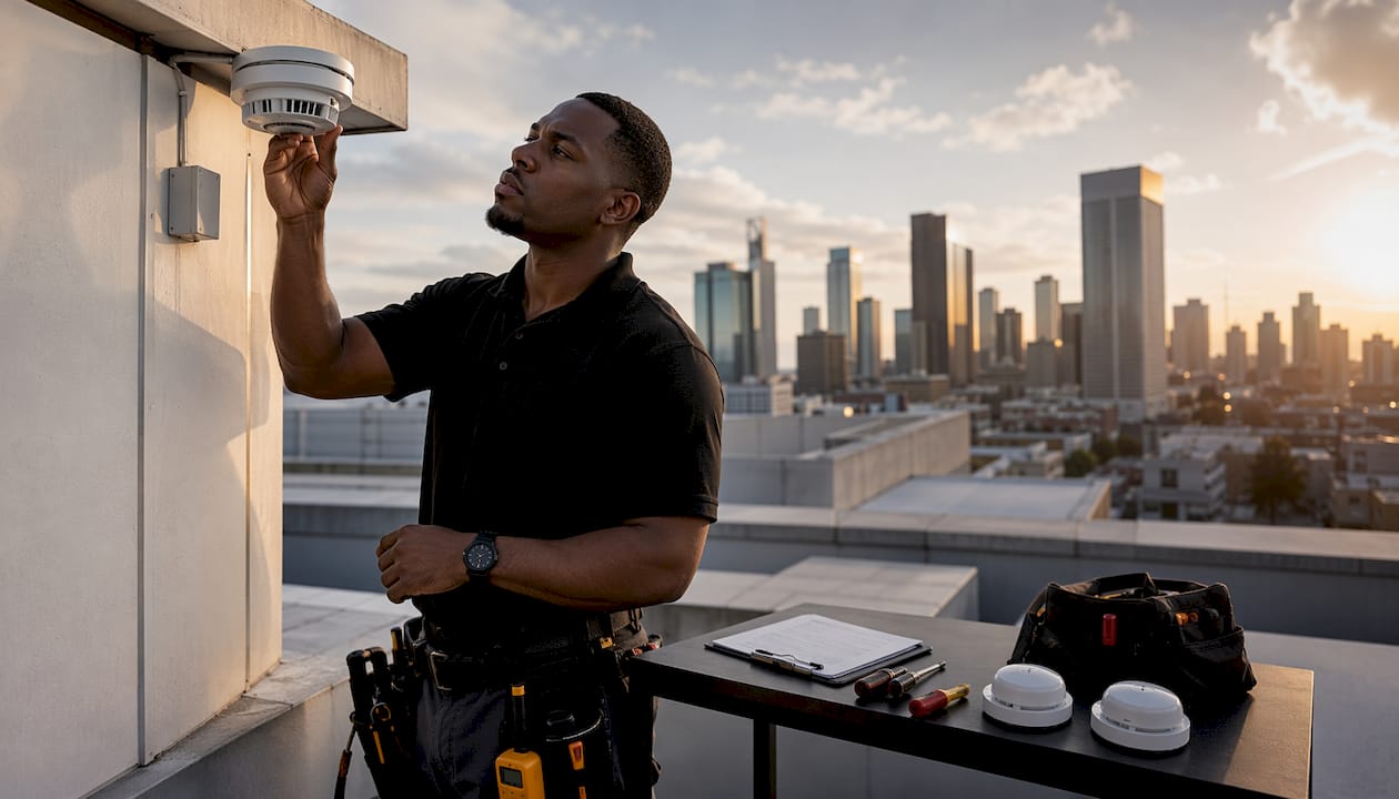 Technician testing outdoor smoke detector