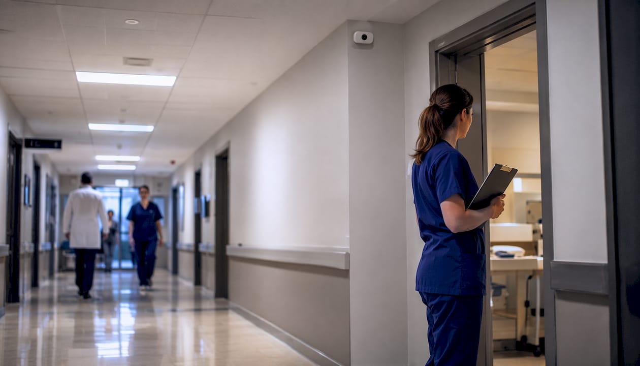 Hospital corridor with occupancy sensor and walking nurse