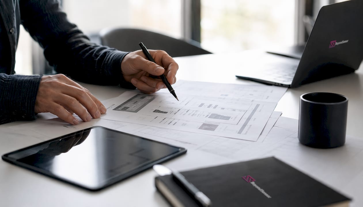 Hands defining risk assessment scope with documents
