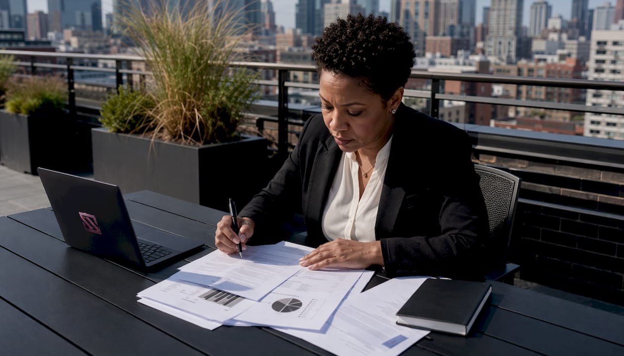 Security analyst reviewing risk assessment documents