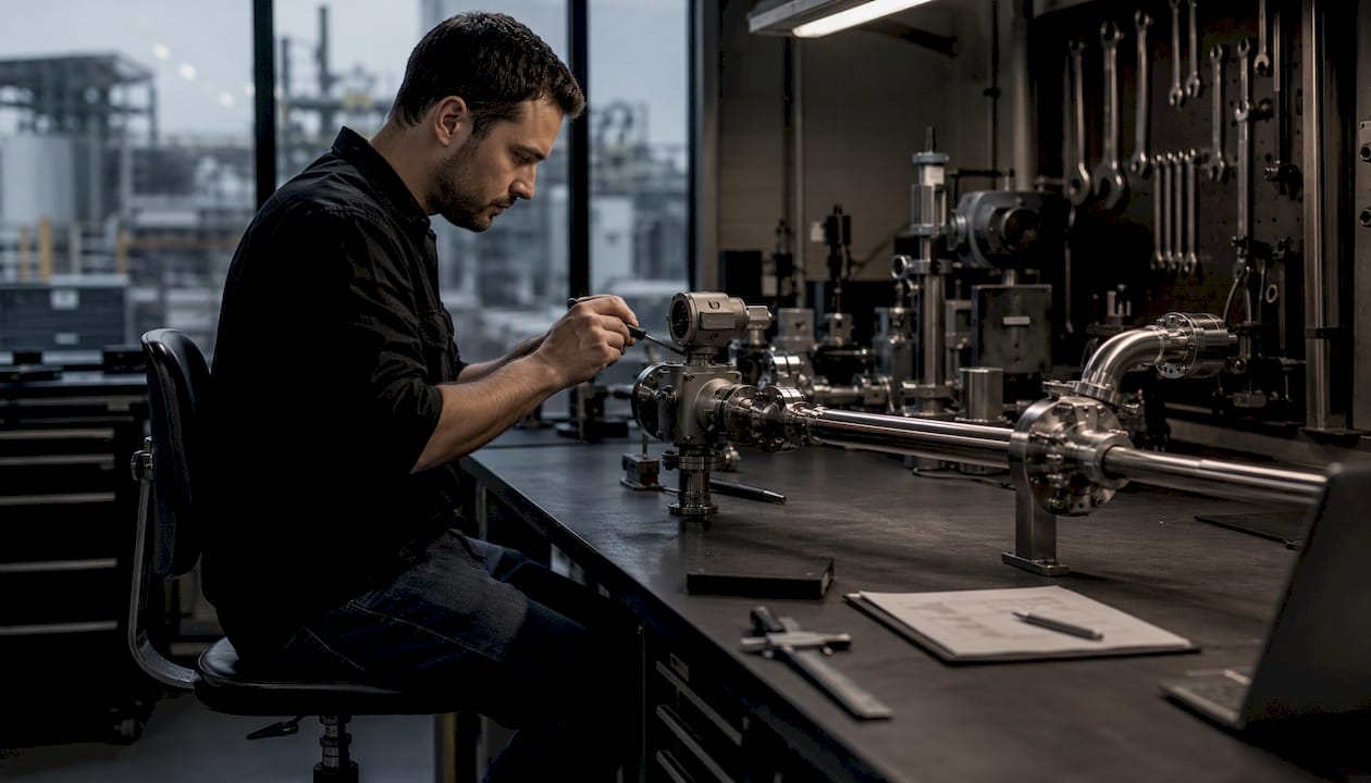 Hands calibrating industrial flow sensor