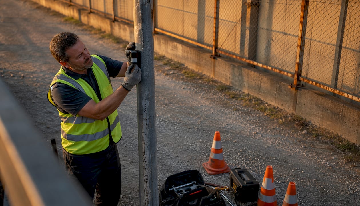 Security technician installing sensor outdoors