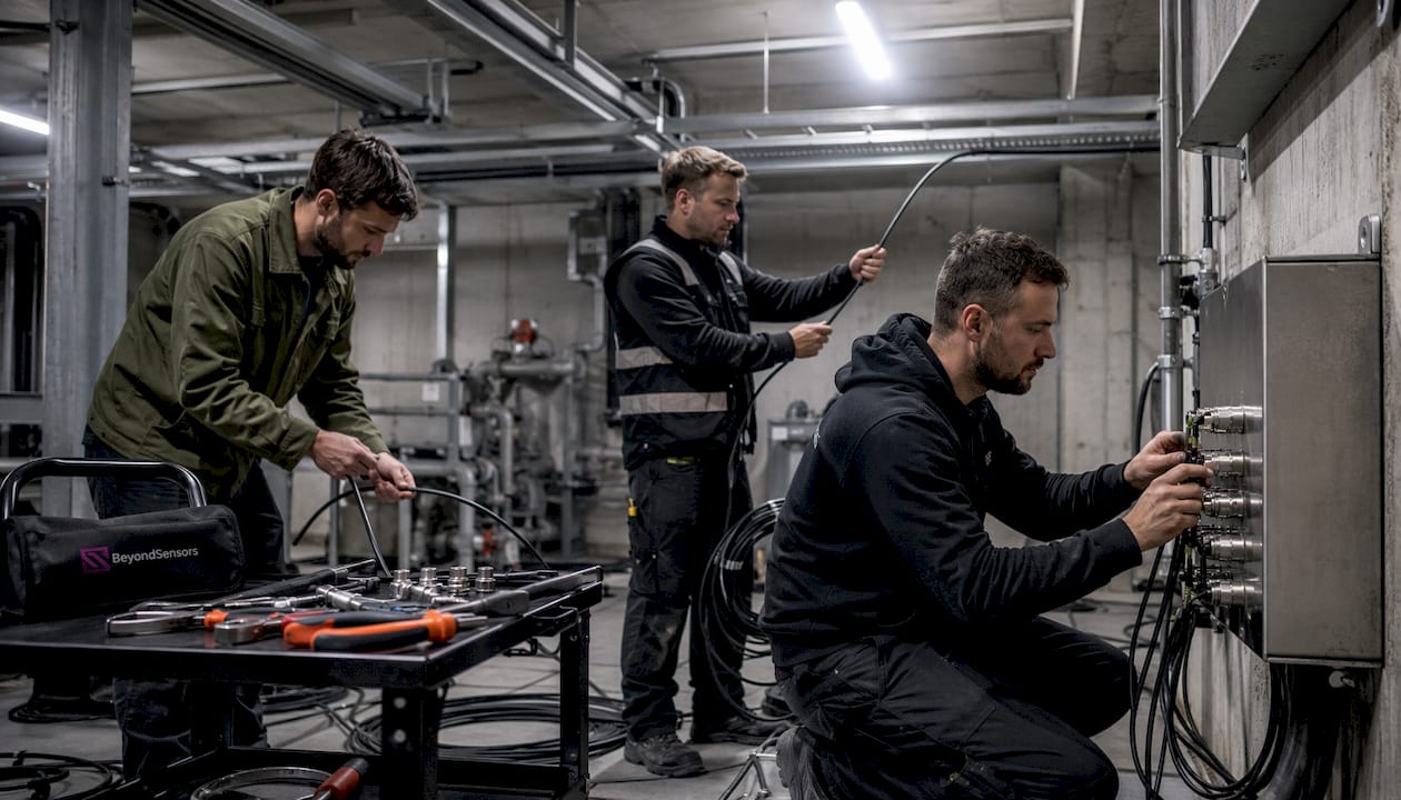 Technicians installing sensor cables in mechanical room
