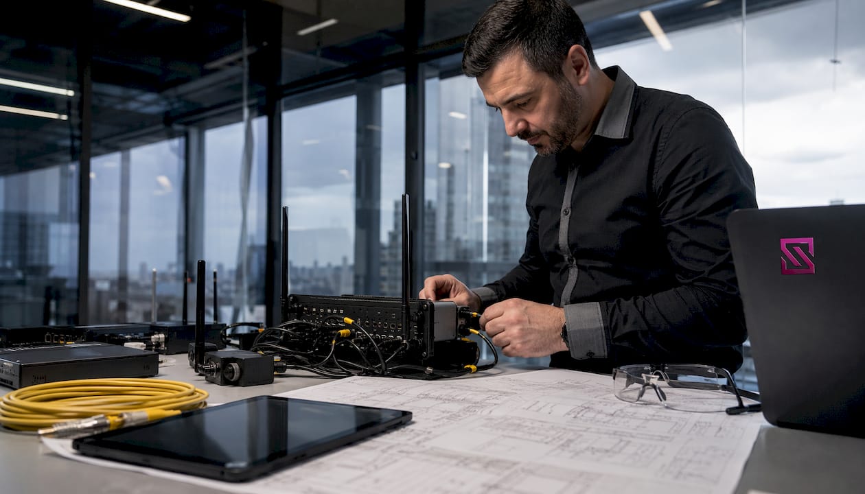 Technician inspecting sensor gateway devices
