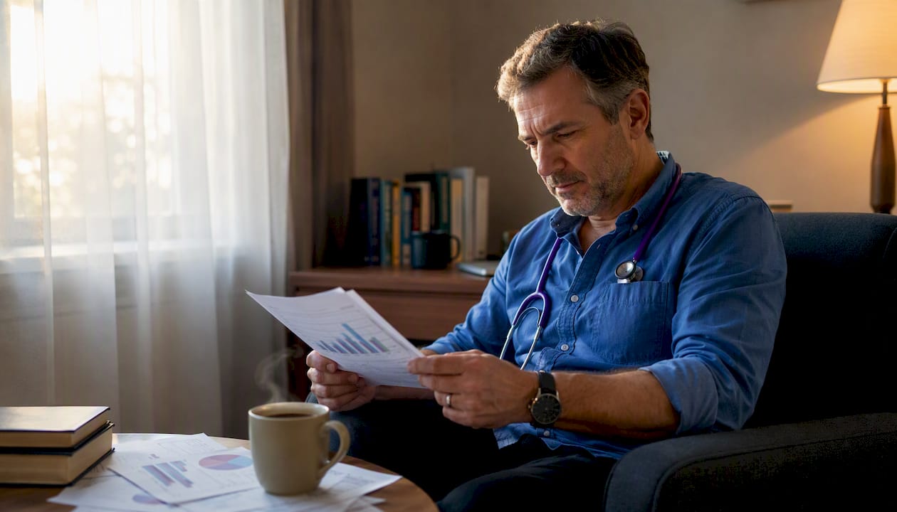 Primary care doctor reviewing patient data tablet
