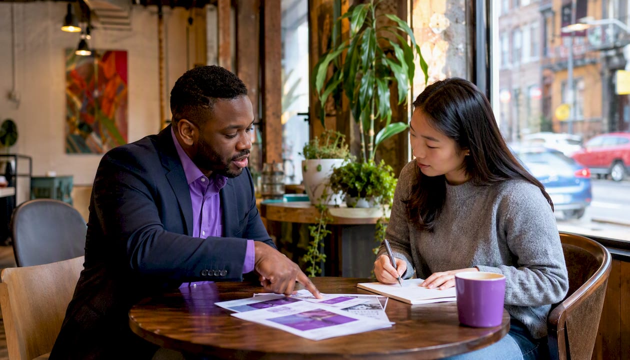 Two colleagues discussing health maintenance organization plan details