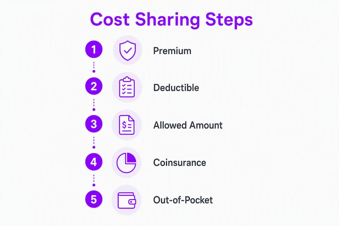 Infographic illustrating key health plan cost-sharing terms in order