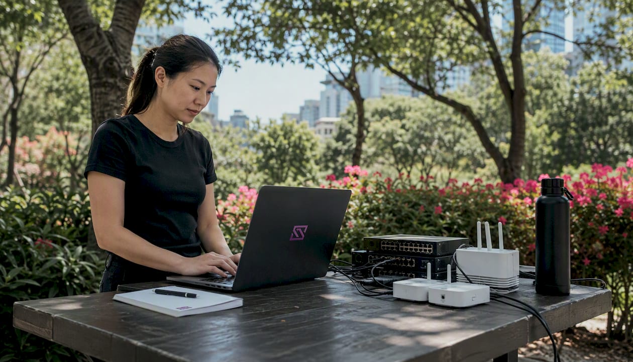 IT specialist configuring smart sensor platform in office