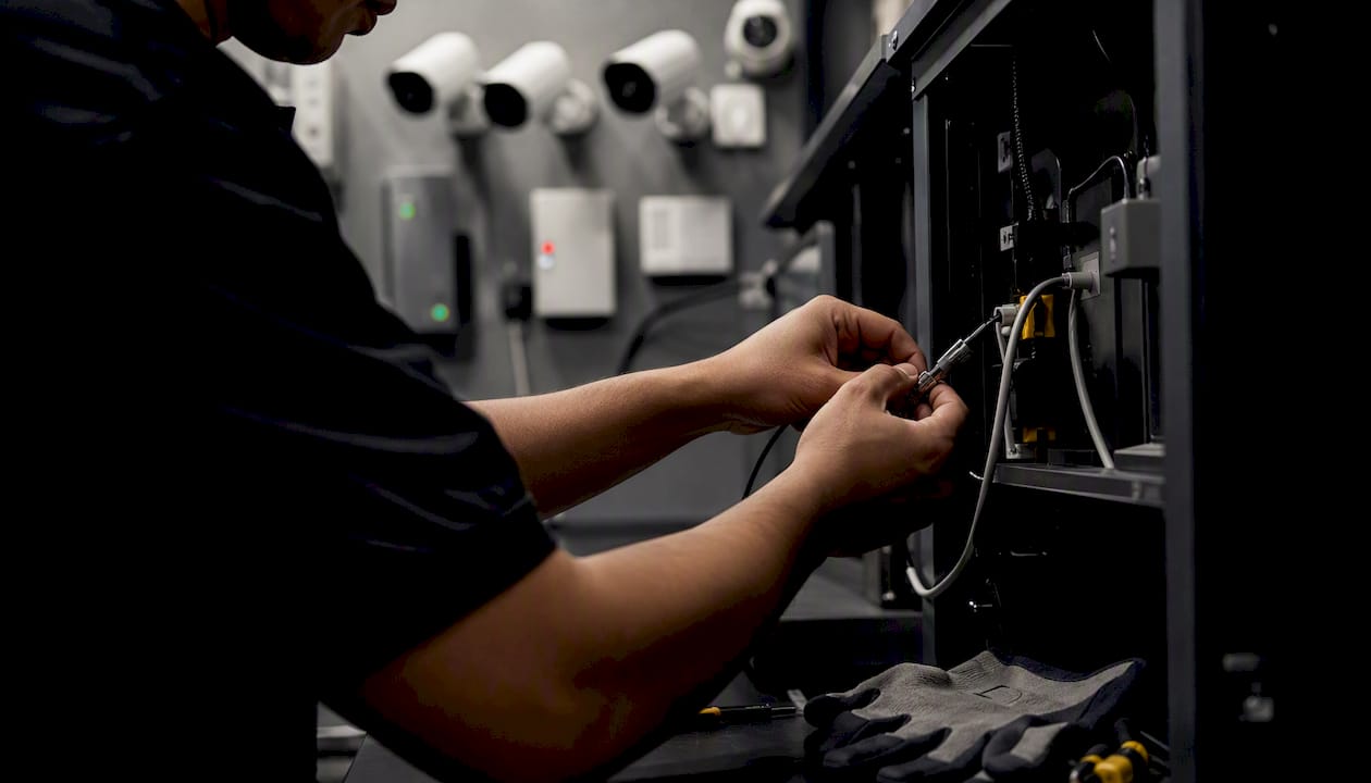 Hands wiring security sensors in control room