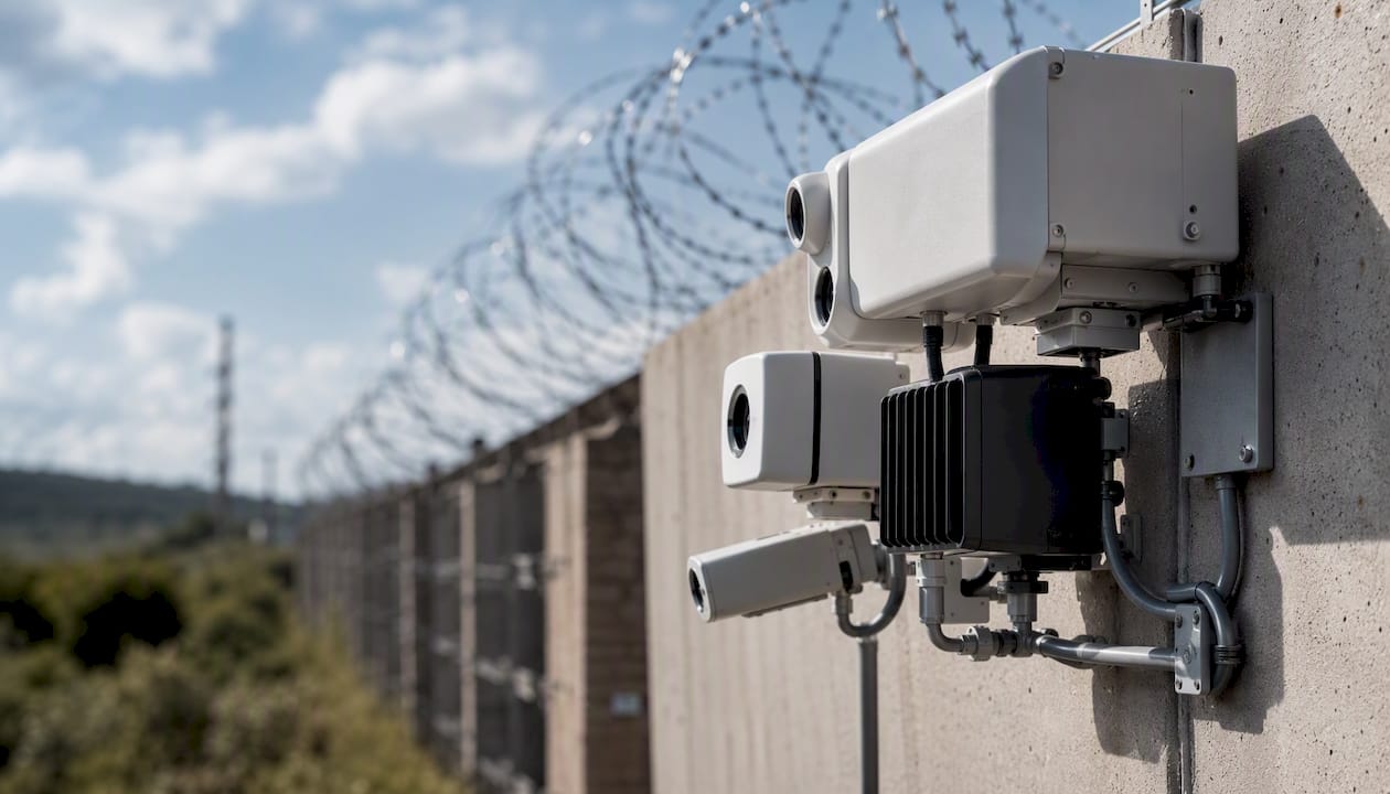 Close-up of multiple perimeter sensors on fence