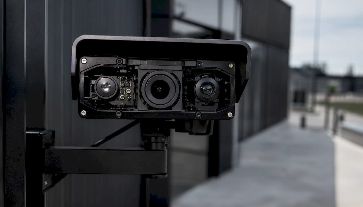 Close-up of advanced security camera outdoors