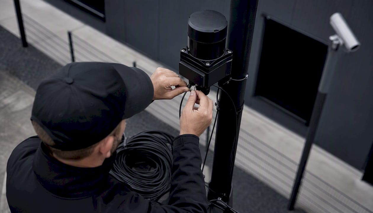 Technician adjusting security sensor wiring