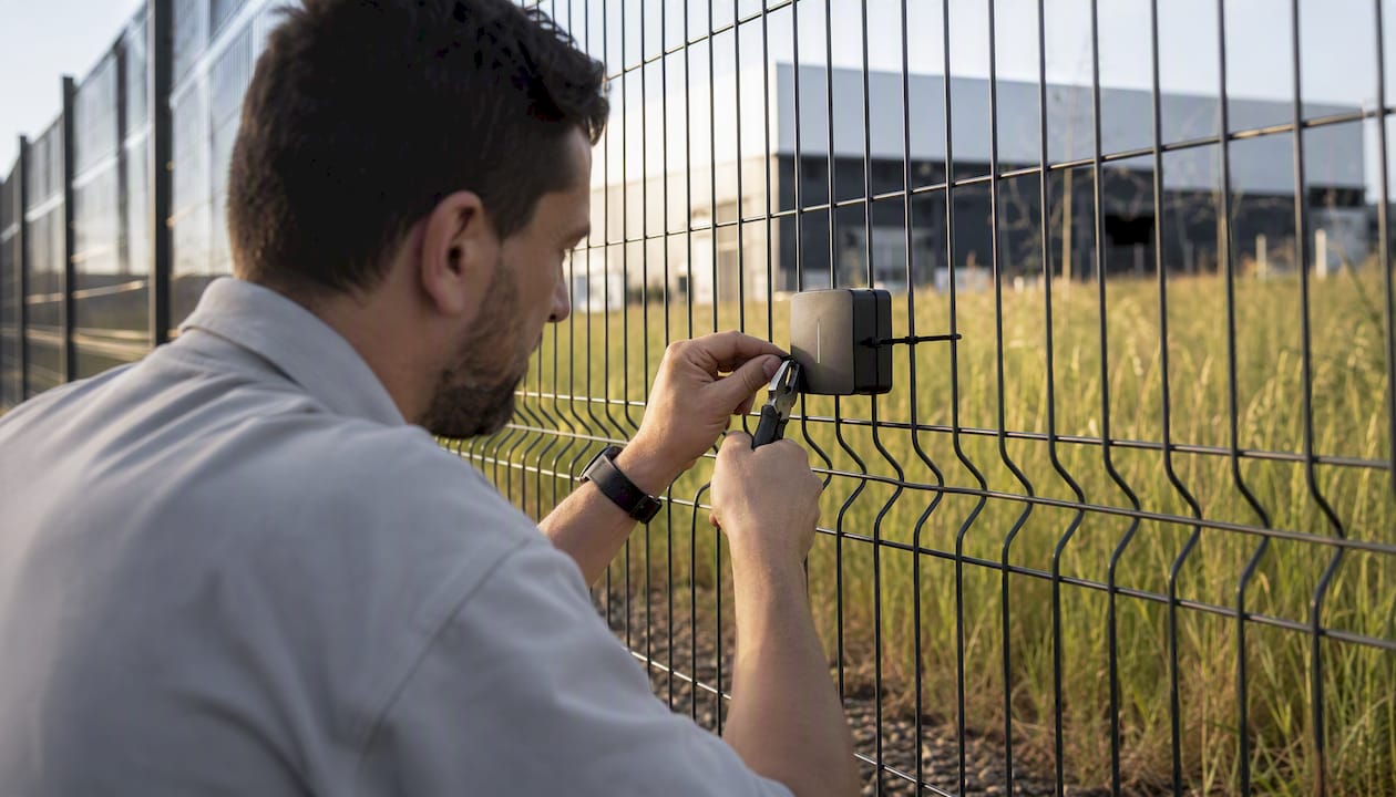 Hands installing fence vibration sensor on fence