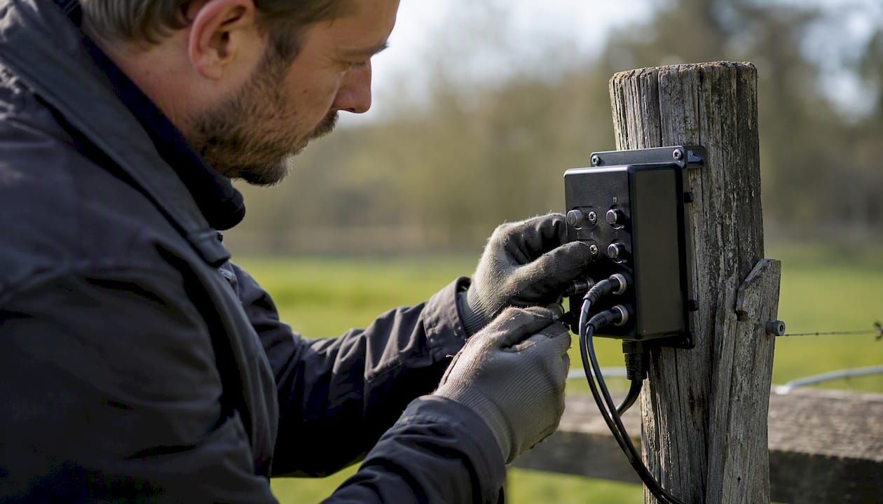 Technician tuning fence vibration sensor outdoors