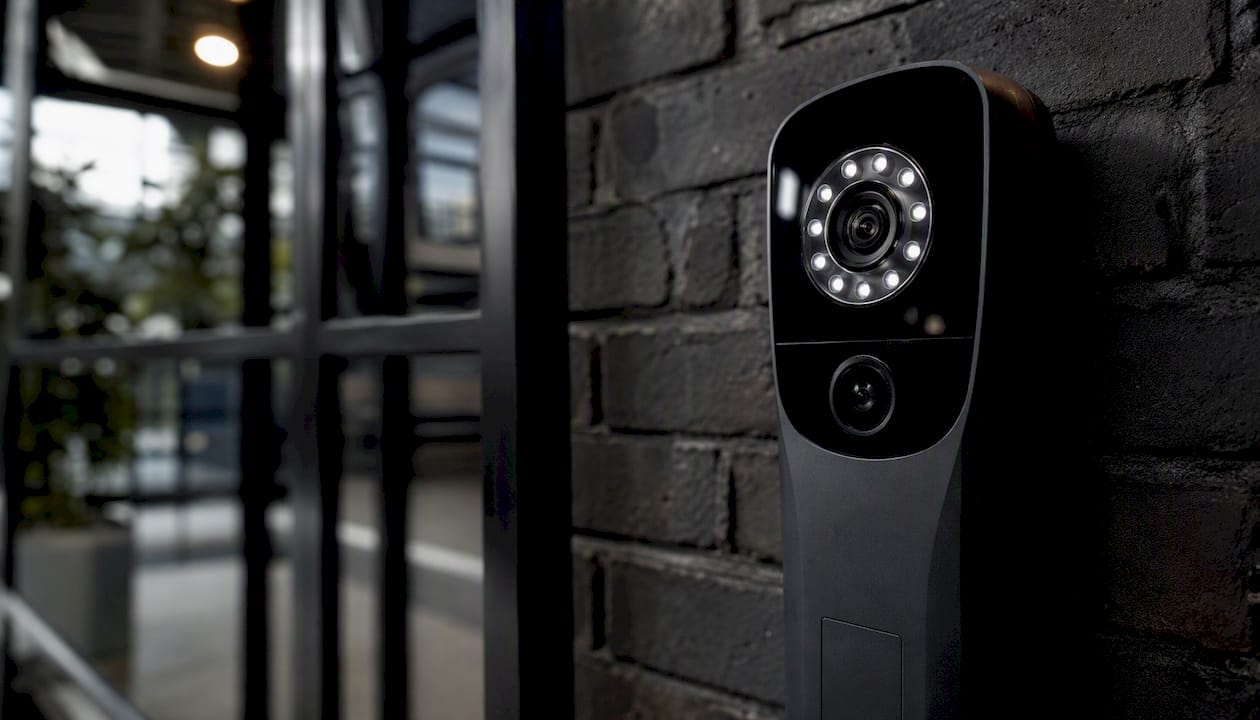 Face recognition reader close-up on door frame