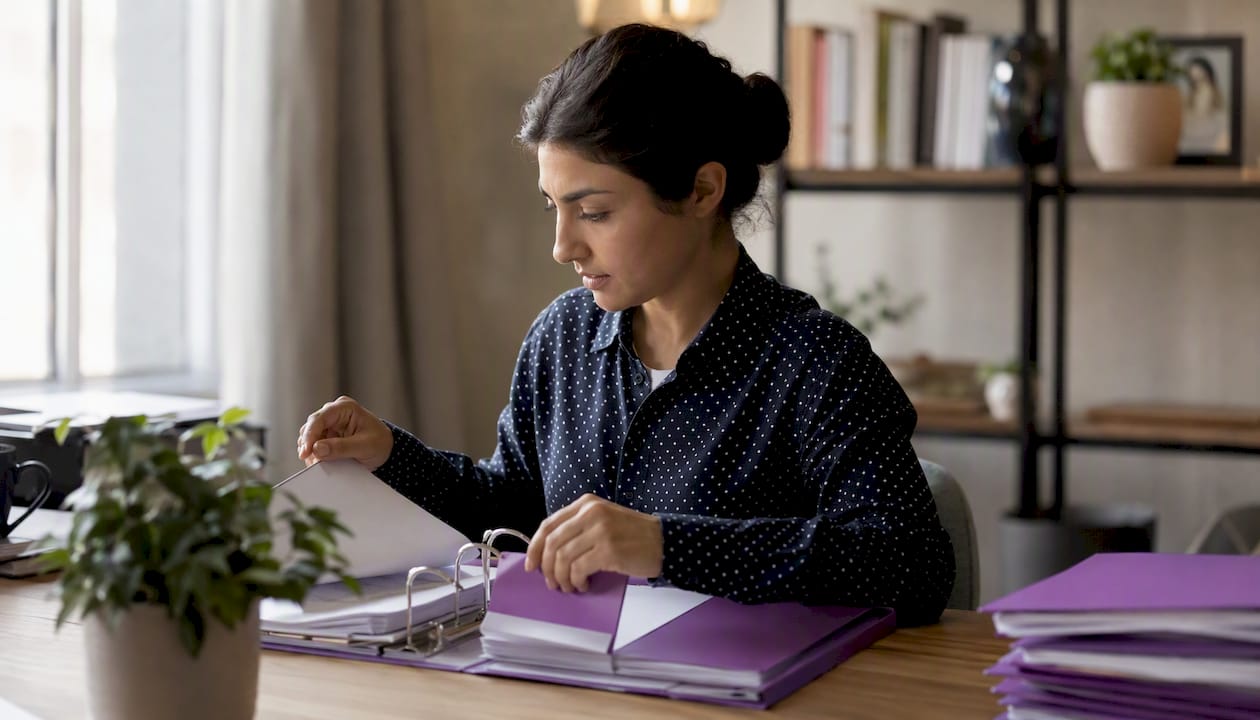 Hands organizing reimbursement policy folders
